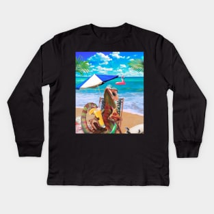 Chameleon Lizard Chilling Beach Pizza Drinking Funny Cute Kids Long Sleeve T-Shirt